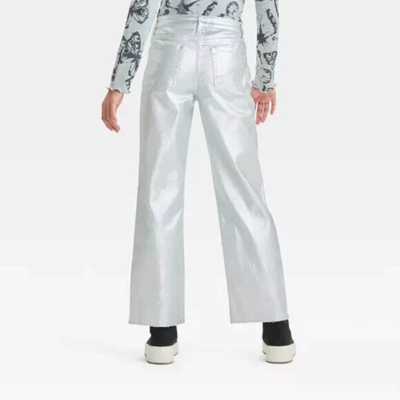 Art Class Girls' Silver High-Rise Baggy Metallic Denim Jeans Pants Button Fly - Picture 2 of 16